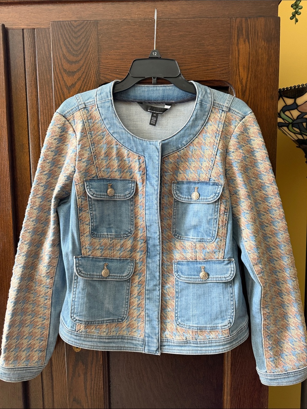 White House Black Market Light Blue Denim Jacket with Pastel Houndstooth